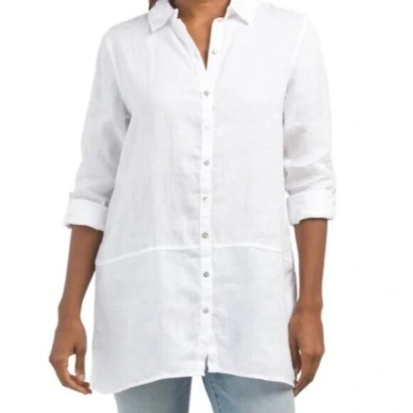 Tahari Women's White Linen Roll Tab Sleeve Collared Button-Front Top Sz L 2261 - Picture 4 of 12